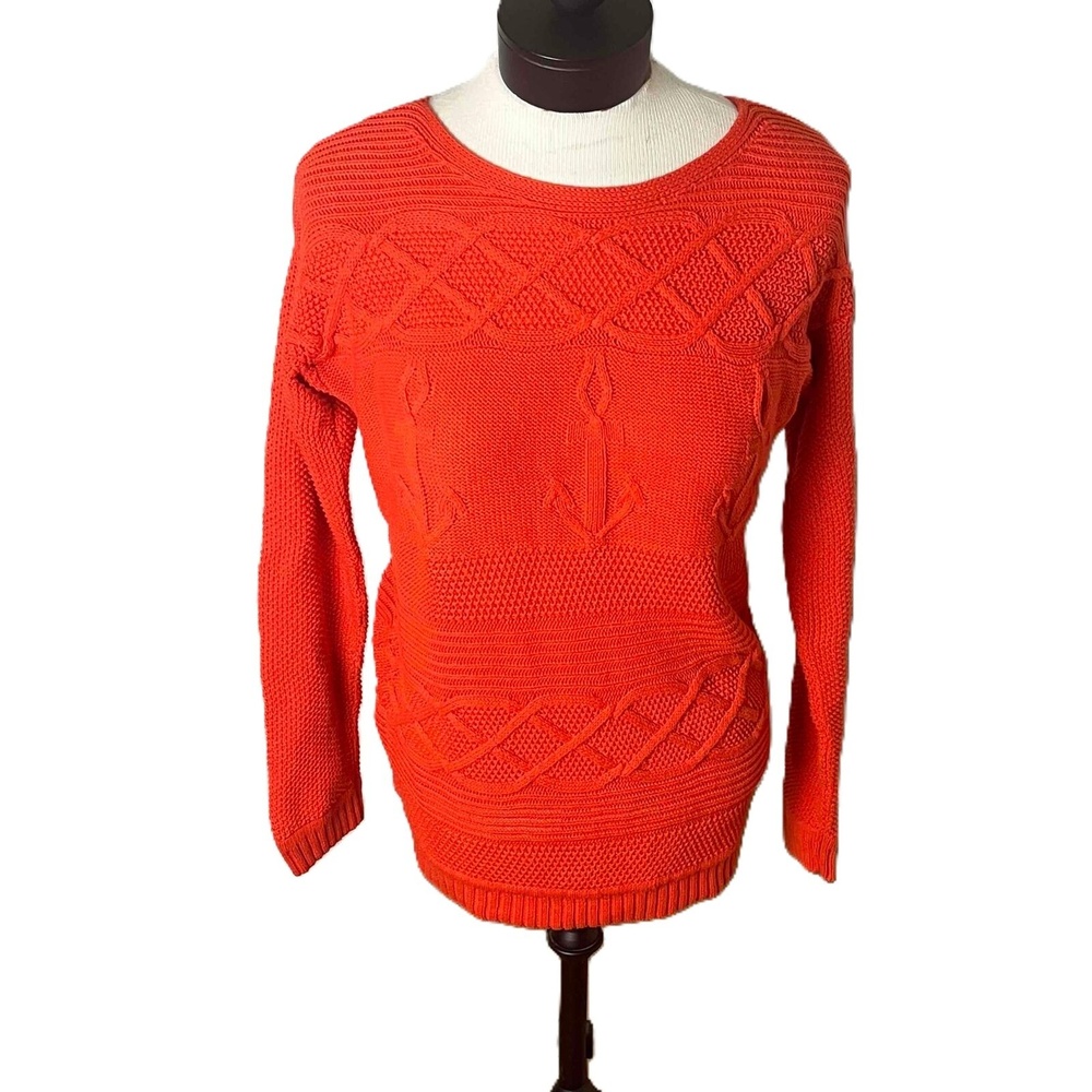 Nautical Anchor Fisherman Cable Knit Sweater Medium Orange Long Sleeve‎ Textured
